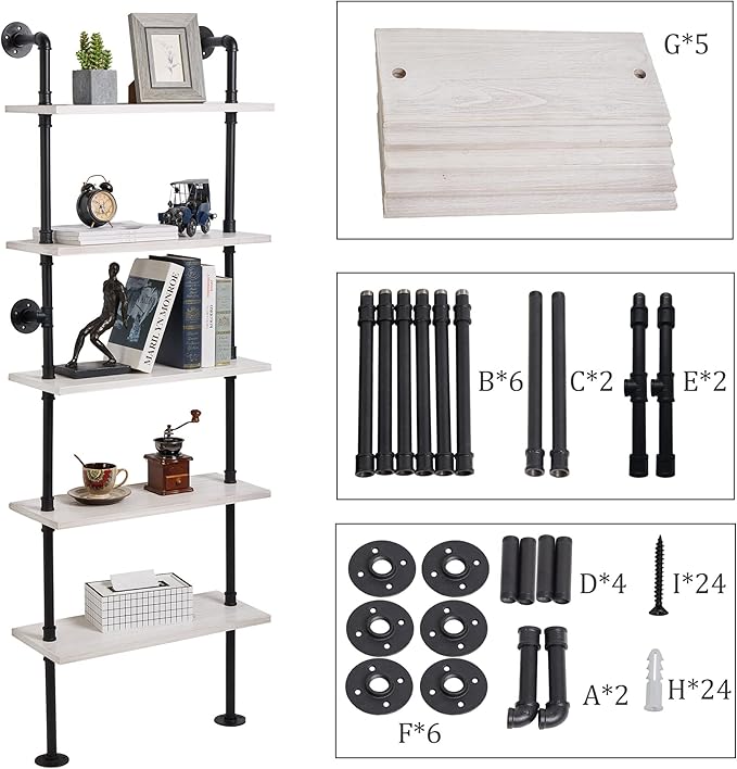 Pipe Shelves, 5 Tier Industrial Ladder Bookcase, Wall Mounted Metal Wood Rustic - Image 4