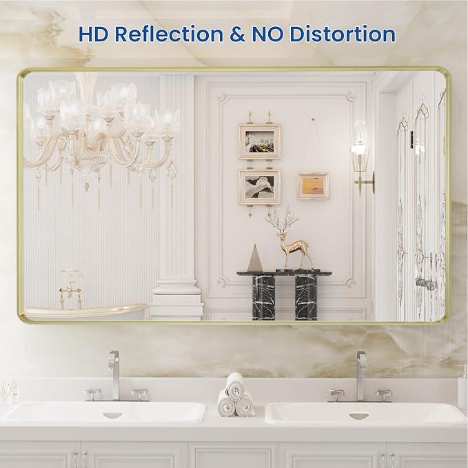 WEER Gold Bathroom Mirror, 50X30 Inch Brushed Gold Metal Frame Mirror, Rounded - Image 2