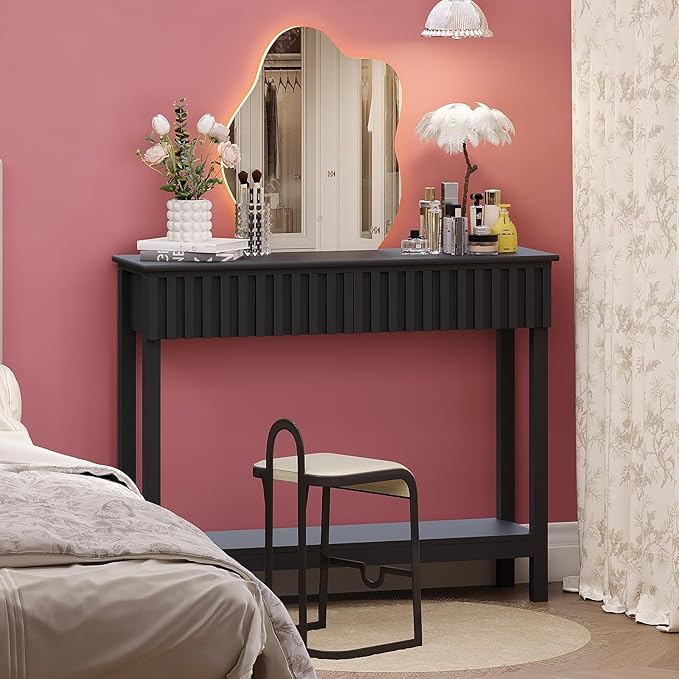 Fluted Console Table with 2 Drawers Narrow Sofa Table with Open Storage Shelf - Image 6