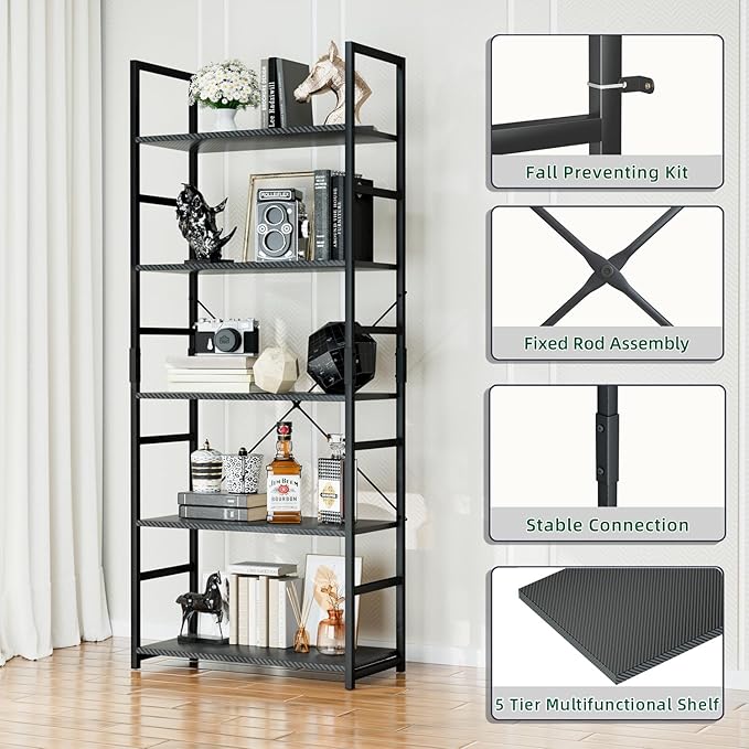 OTK 5 Tier Bookshelf, Tall Bookcase, Office Shelf Storage Organizer, Modern - Image 4