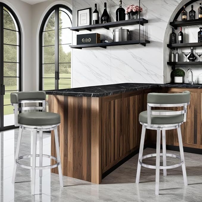 Armen Living Madrid 30" Bar Height Swivel Modern Grey Faux Leather and Brushed - Image 2