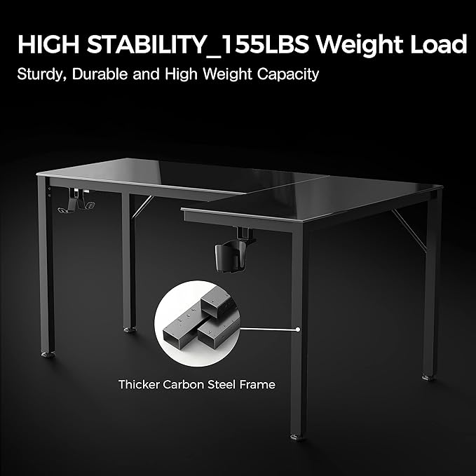 EUREKA ERGONOMIC RGB LED Lights 60 Inch L Shaped Reversible Black Glass Gaming - Image 7
