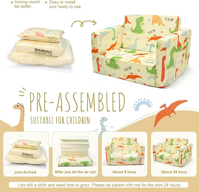 Dinosaur Kids Sofa Bed, Diary Kids Couch- Convertible 2-in-1 Lounger - Image 4