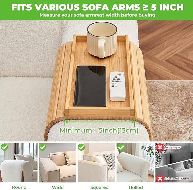 Bamboo Sofa Arm Tray, Anti Falling Couch Arm Tray Table, Foldable Couch Armrest - Image 5