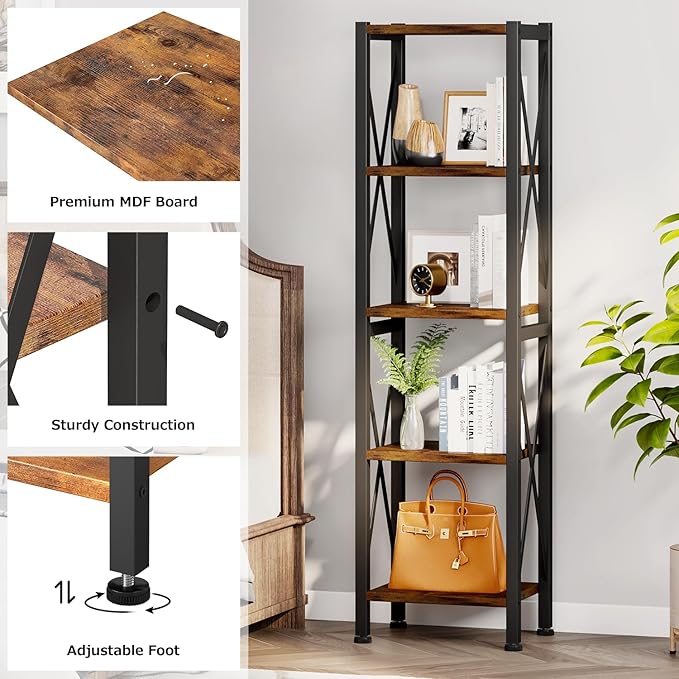 Homeiju 5-Tier Narrow Bookshelf, Ladder Bookshelf, Tall Bookshelf - Image 5