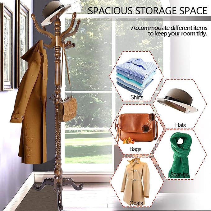 Coat Racks Free Standing with 11 Hooks, Natural Wood Coat Stands - Image 4
