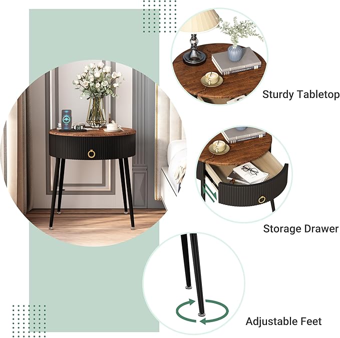 OIOG Side Tables Set of 2, Round Nightstand - Image 3