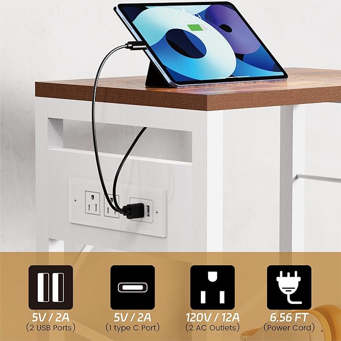 End Table with LED Light, Record Player Stand with Charging Station, Vinyl - Image 4