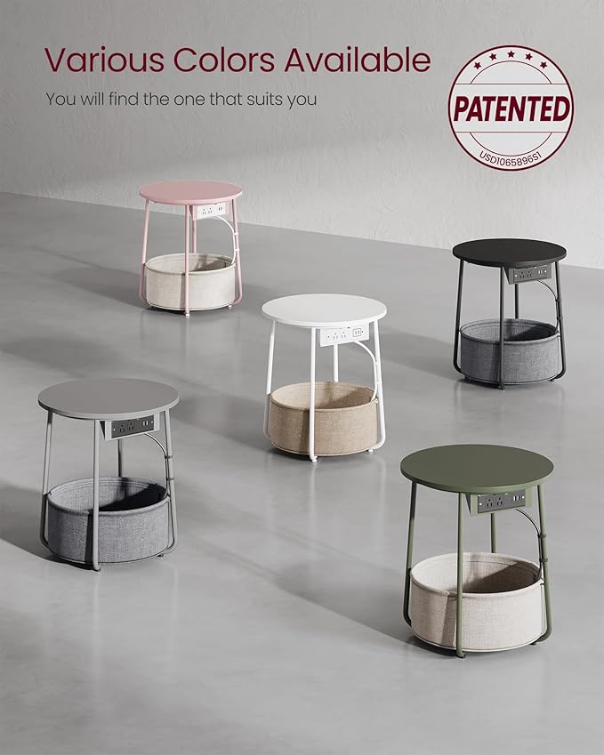 VASAGLE Side Table with Charging Station, Round End Table with Fabric Basket - Image 8