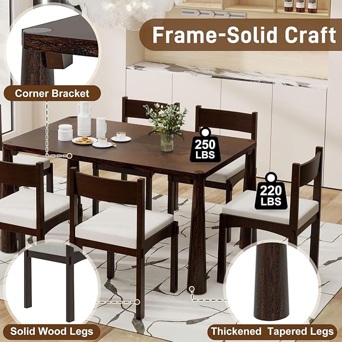Dining Table with Chairs Set of 6, 7-Piece 60" Farmhouse Rectangular Dining - Image 4