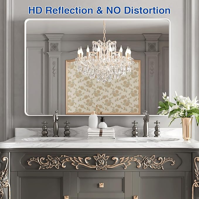 WEER White Bathroom Mirror 48X32 Inch, Rounded Rectangle White Metal Frame - Image 2
