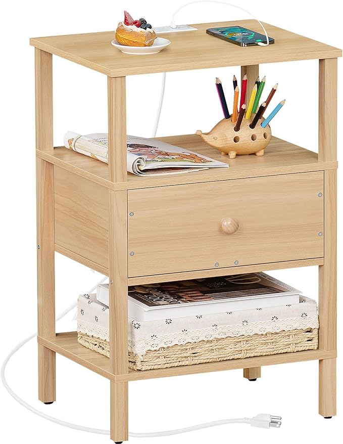 Lerliuo Nightstand with Charging Station and USB Ports, 3-Tier Storage End by Lerliuo