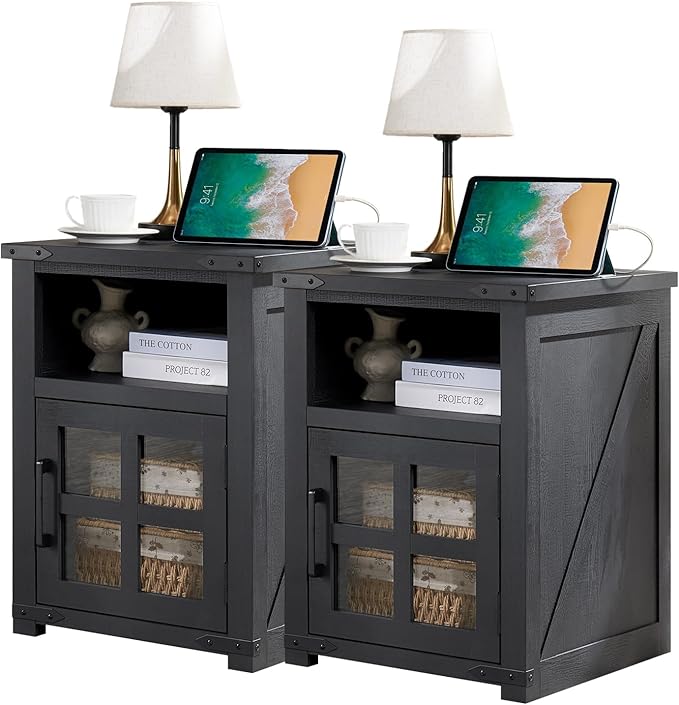 Farmhouse Nightstand with Charging Station, Rustic End Table with Tempered by Barnyatoh