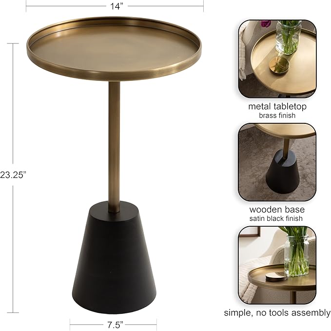 Kate and Laurel Tira Elegant Round Side Table, 14 x 24, Brass and Black - Image 3