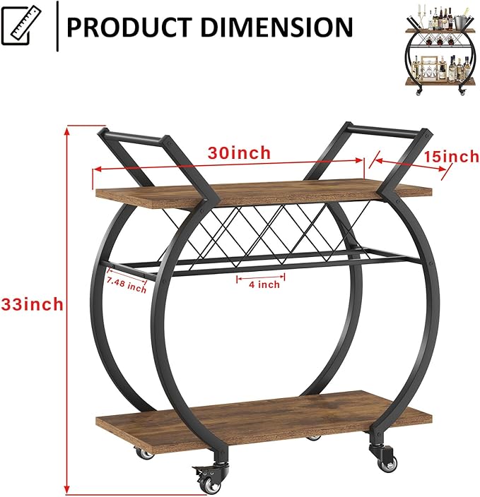 LVB Industrial Kitchen Bar Cart, Farmhouse Beverage Serving Liquor Cart - Image 2