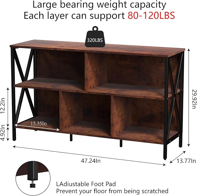 5 Cube Storage Organizer Shelf, Industrial Horizontal Bookshelf, Short Wide - Image 3