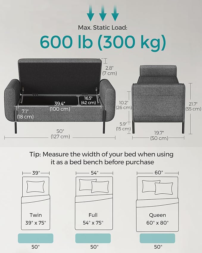 SONGMICS Storage Bench with Armrests, Ottoman - Image 3