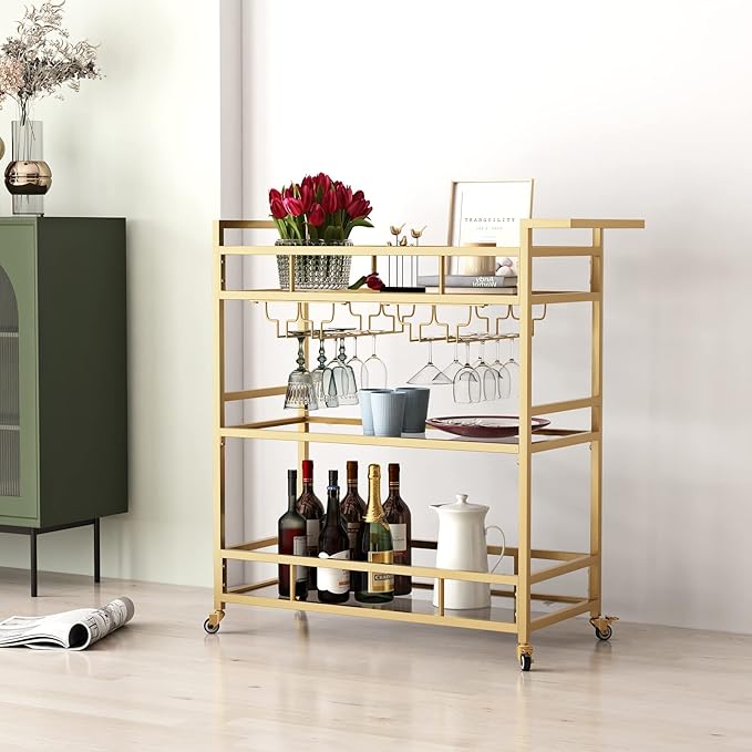 Gold Bar Carts with 3 Tier Glass Shelves, Rolling Serving Bar Cart with Wine - Image 7
