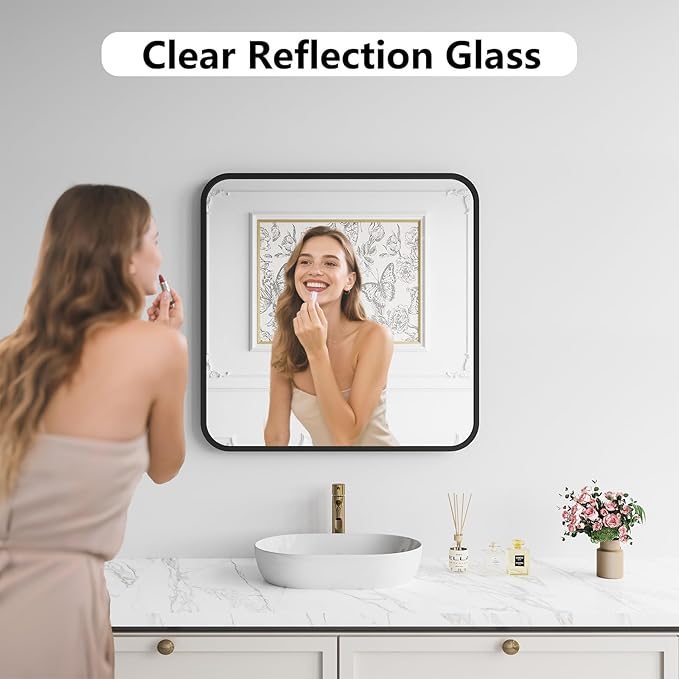 Koonmi Bathroom Mirror, 30X30 Inch Black Metal Framed Mirror - Image 2