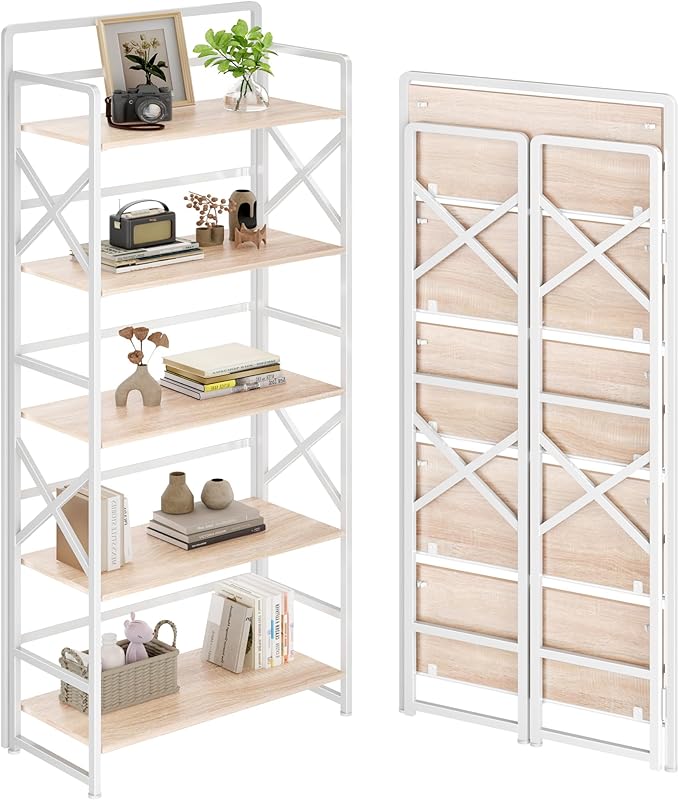 No Assembly Folding Bookshelf, 5 Tiers Vintage Wood Collapsible Book Shelf by THKKYHomeOfficeFurniture