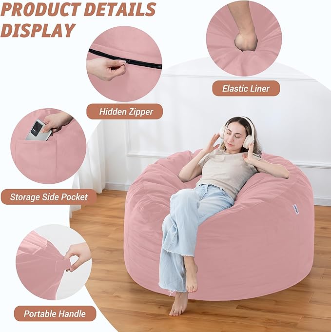 4FT Bean Bag Chair with Ultra Soft Velvet Cover Bean Bag Sofa with Memory Foam - Image 4