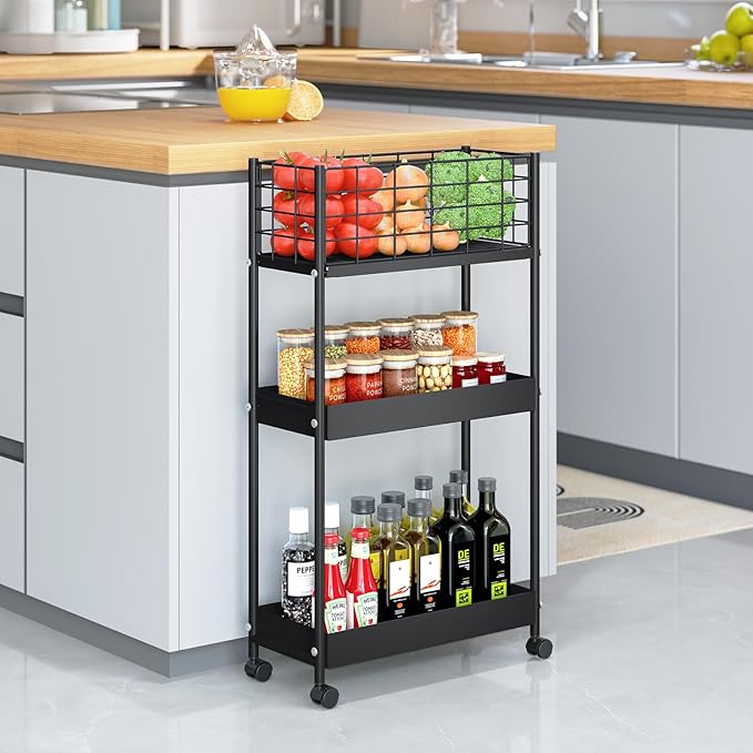KINGRACK 3-Tier Metal Rolling Cart, Slim Storage Cart, Mobile Shelving Unit - Image 9