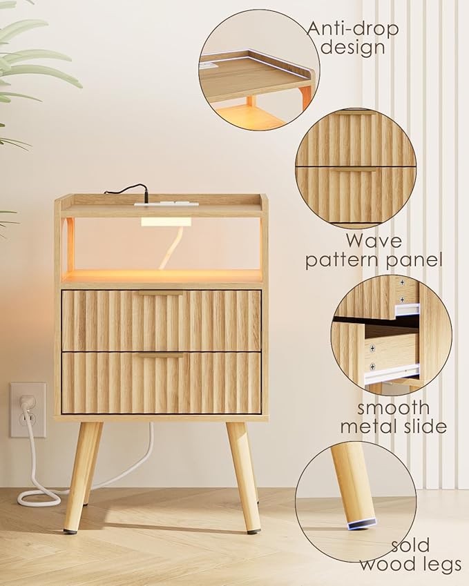 Nightstand with Charging Station and LED Lights, Modern Bedside Table with - Image 4