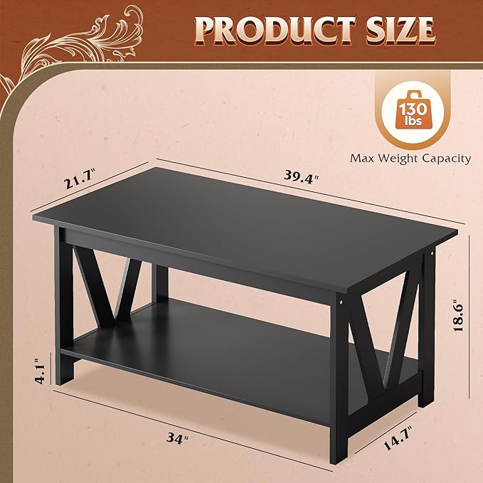 WLIVE Coffee Table with Storage Shelf, 39.4" Farmhouse Coffee Table with - Image 3