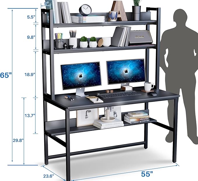Aquzee Computer Desk with Hutch and Bookshelves, Large Leg Room 55 inch Width - Image 3