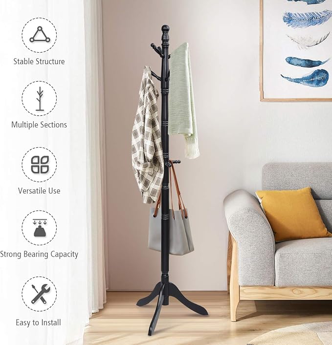 Tangkula Wood Coat Rack Freestanding, Entryway Height Adjustable Coat Stand - Image 3