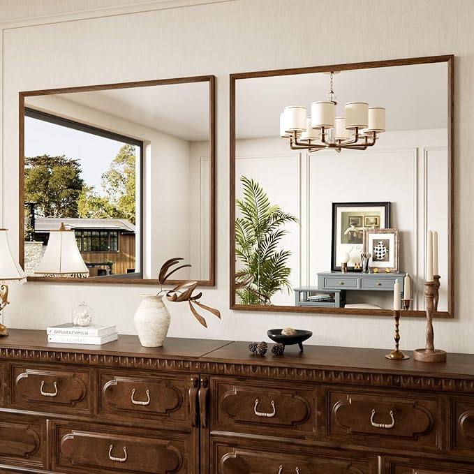 40x36 Inch Rectangle Bathroom Mirror, Walnut Wood Grain Framed, Anti-Rust & 4mm - Image 8