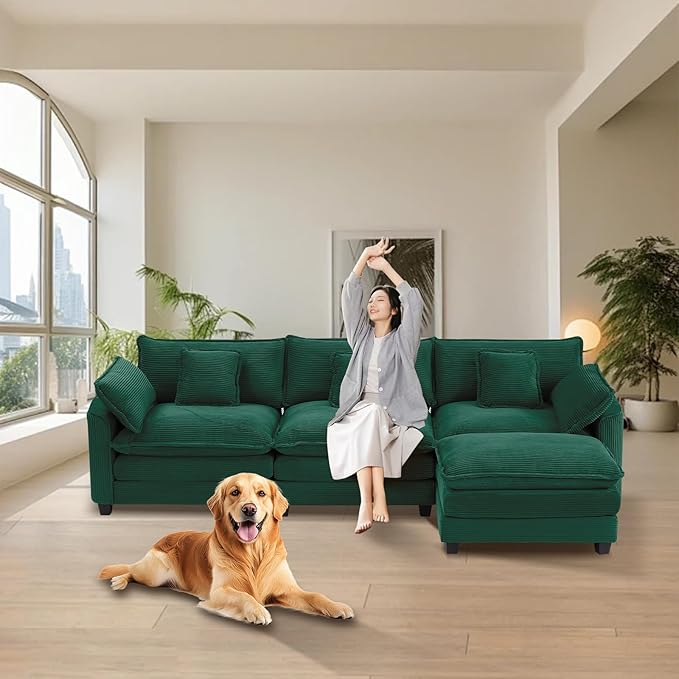 Furniliving 117‘’ L-Shaped Sofa, Luxury Corduroy Modular Sectional Couches - Image 8