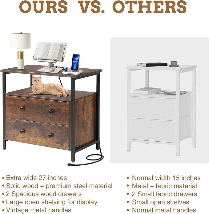 27 inch Wide Nightstand with Charging Station, Bedside Table with Open Shelf - Image 7