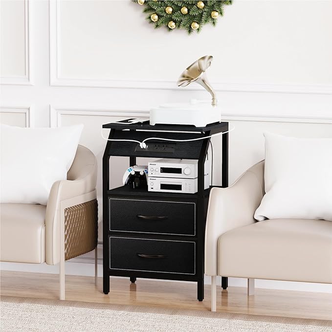 End Table with Light, LED Nightstand with 2 Drawers and Type C Charging Station - Image 6