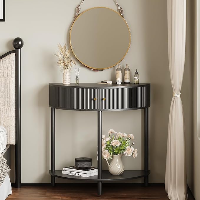 Fluted Half Moon Console Table 2 Tier Narrow Entryway Table - Image 6