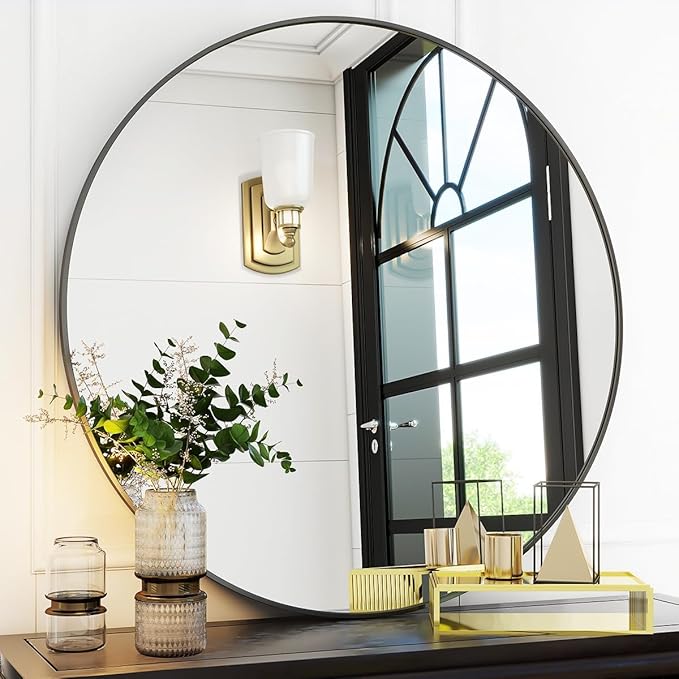 Black Round Bathroom Mirror, 30 inch Circle Wall Mounted Hanging Mirror by VooBang
