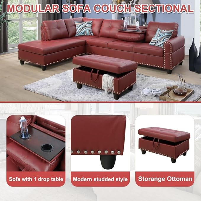LeatherL Shaped Couch with Ottoman, Modern Nail-Head Design Comfy Sectional - Image 4