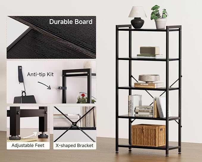 Casaottima Book Shelf, 5 Tier Bookshelf, Modern Wood Bookcase Shelves - Image 4