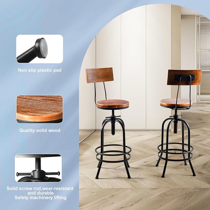 LOKKHAN Industrial Bar Stool-26-32 Inch Adjustable Swivel Round Wood Metal - Image 6