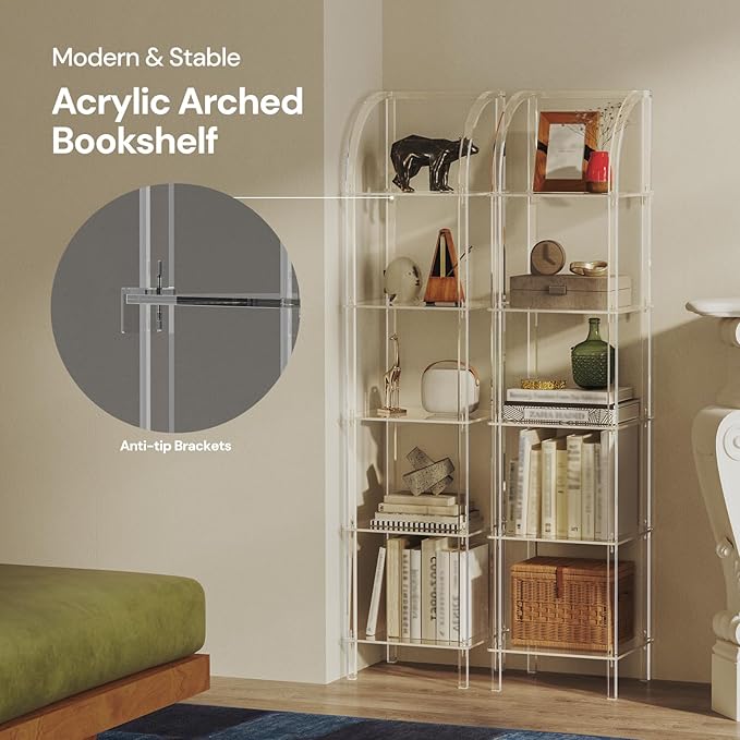5-Tier Acrylic Arched Bookcase, Square Legs, 13.8''W x 11.8''D x 59.6''H - Image 6