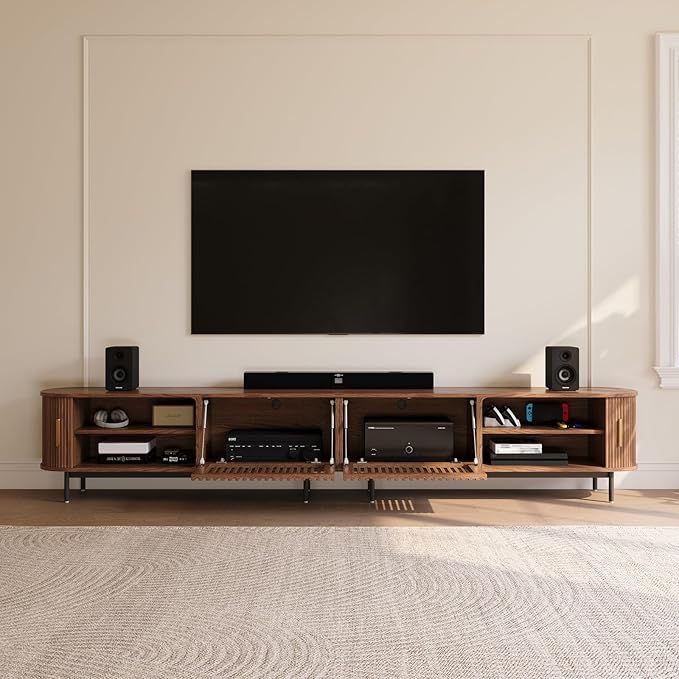 POVISON Sliding Tambour Door TV Stand, Mid Century Modern TV Console, Wood - Image 2