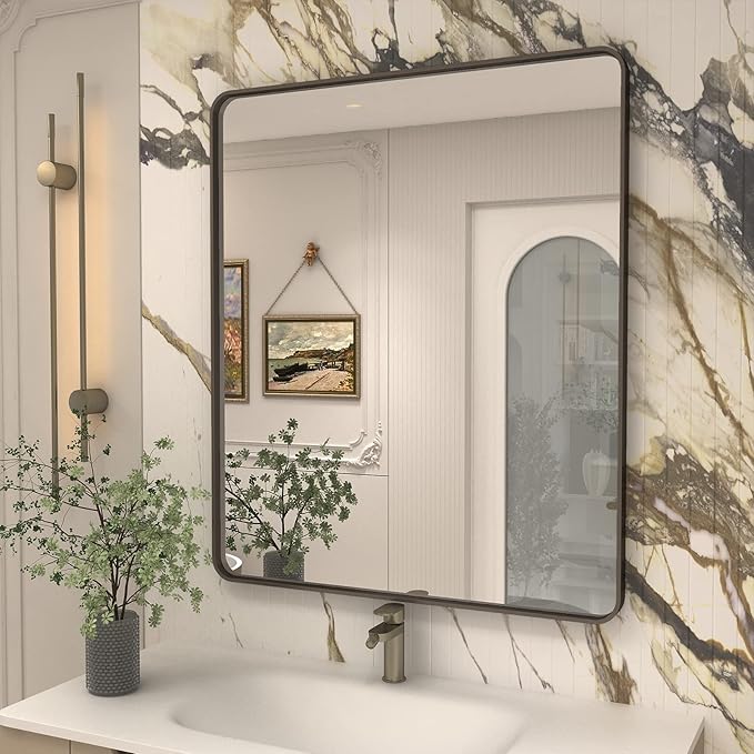 30x36 Bronze Bathroom Wall Mirror, Modern Brushed Metal Framed Mirror by CHARMOR