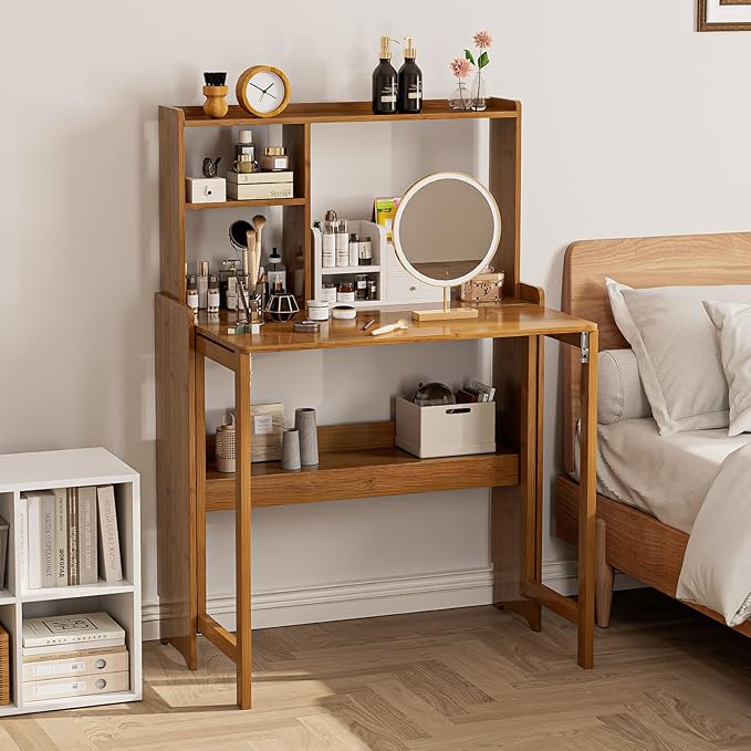 Bamboo Folding Desk with Storage Rack Mid Century Modern Desk - Image 7