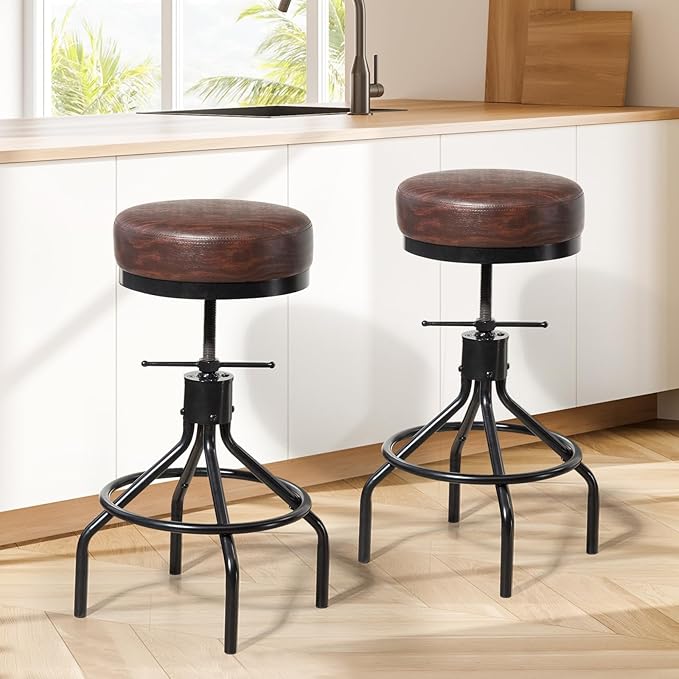 Counter Height Bar Stool Adjustable Swivel Round Barstools Modern PU Leather - Image 2