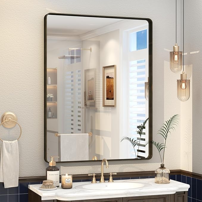 28x36 Inch Bronze Framed Bathroom Mirror, Brushed Bronze Metal Vanity Mirror by VANLIOBathroomMirror