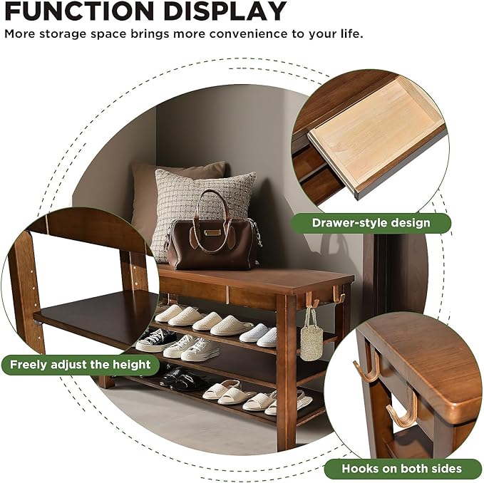 Wood Shoe Bench Entryway with Drawer: 3-Tiers Wooden Storage Shoe Rack with - Image 3