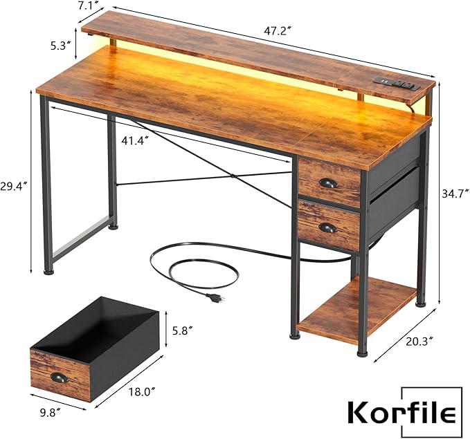 55 Inch Computer Desk with Power Outlets & LED Lights, Home Office Desk with - Image 3