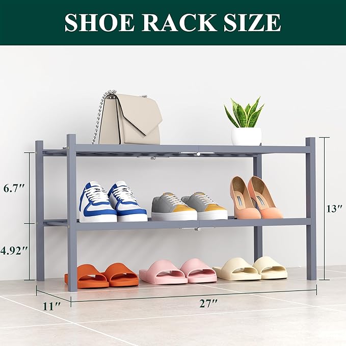 Smiry Shoe Rack, 2 Tier Thick Bamboo Shoe Organizer, Stackable Free Standing - Image 2