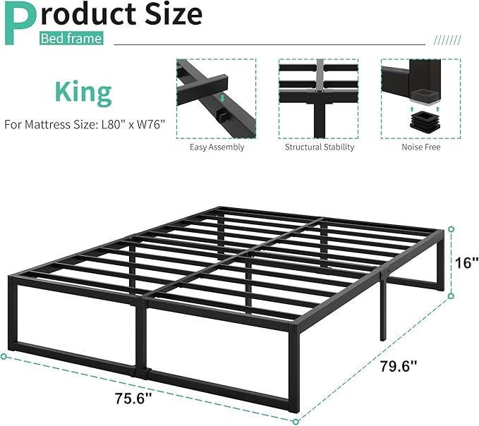 16 Inch King Size Bed Frame Sturdy Mattress Foundation, Heavy Duty Metal - Image 2