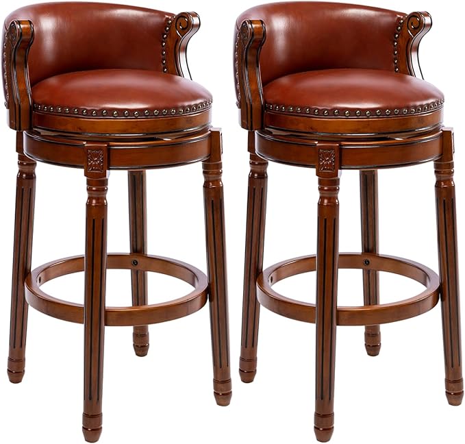 Cow top Leather Wooden Set of 2 Bar Stools, 29.5" Bar Height Bar Chair by AULIFE